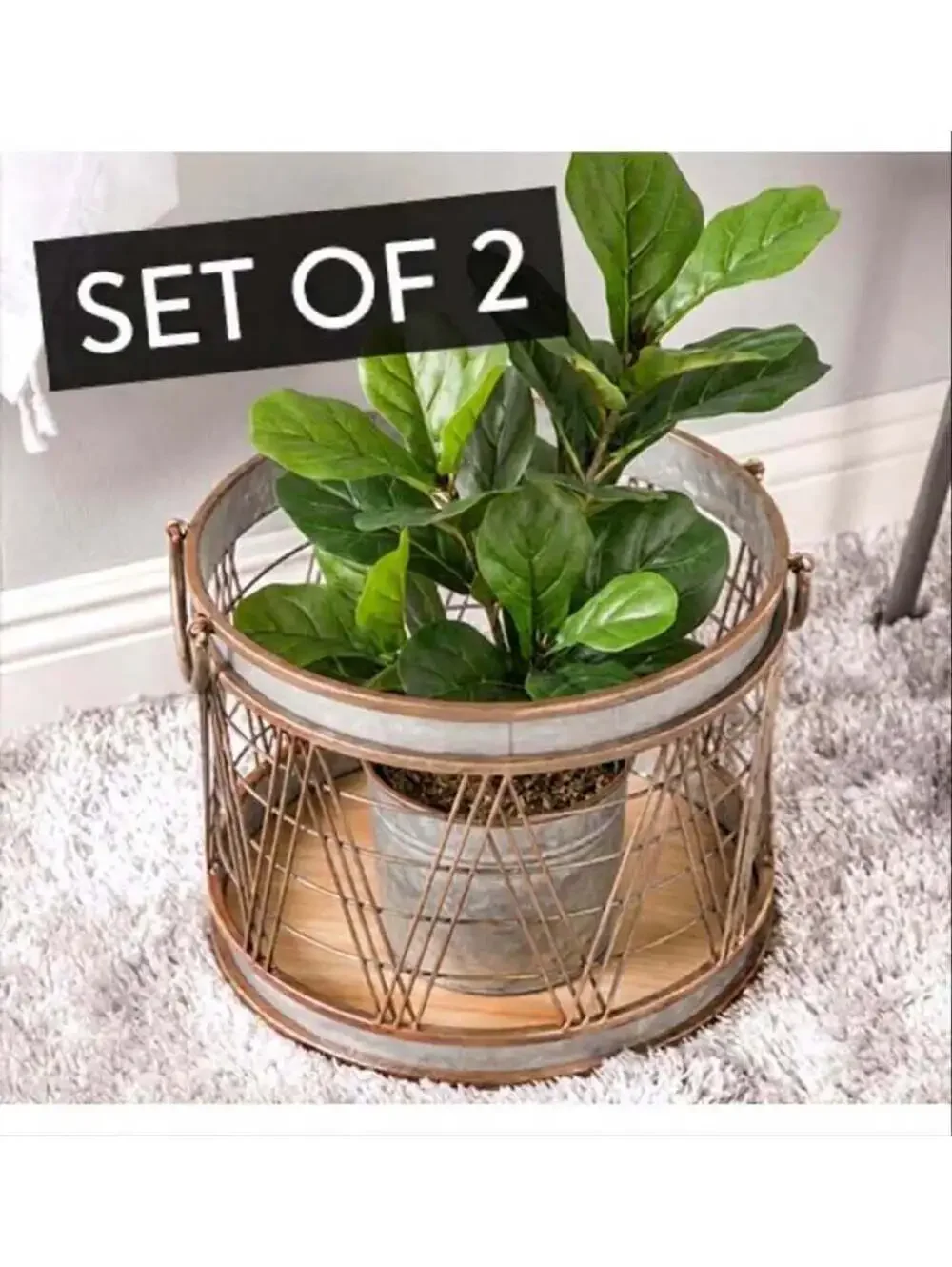 Galvanized Metal & Wood Barrel Storage Basket Planters Set Of 2 Blanket Bin